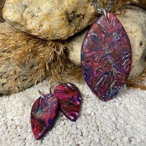 Polymer clay Mokume Gane pendant and earrings vibrant colour. LL2C NE 205